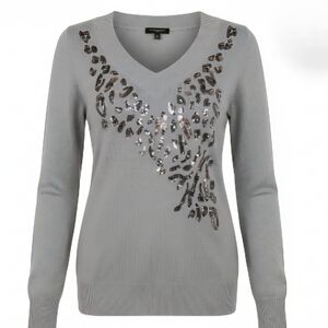 NWT New Directions Belk Gray Sequin Leopard Print V-Neck Sweater Small